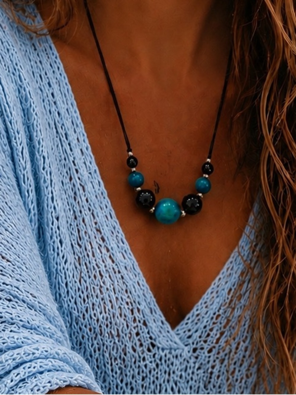 Handcrafted Turquoise & Black Bead Necklace - Women Jewelry